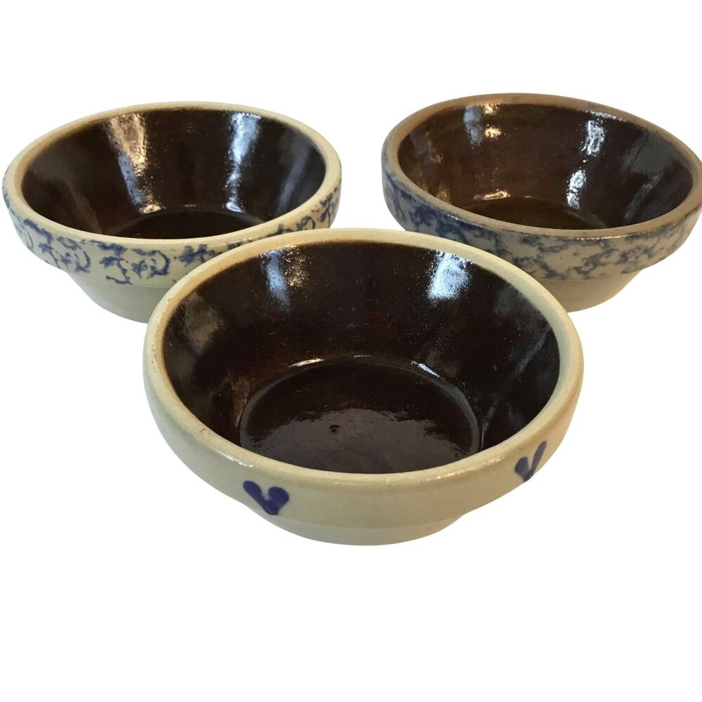 VTG Studio Pottery Plant Tray Bowl 3" Petite Trinket Salt Glaze Blue Heart Set 3
